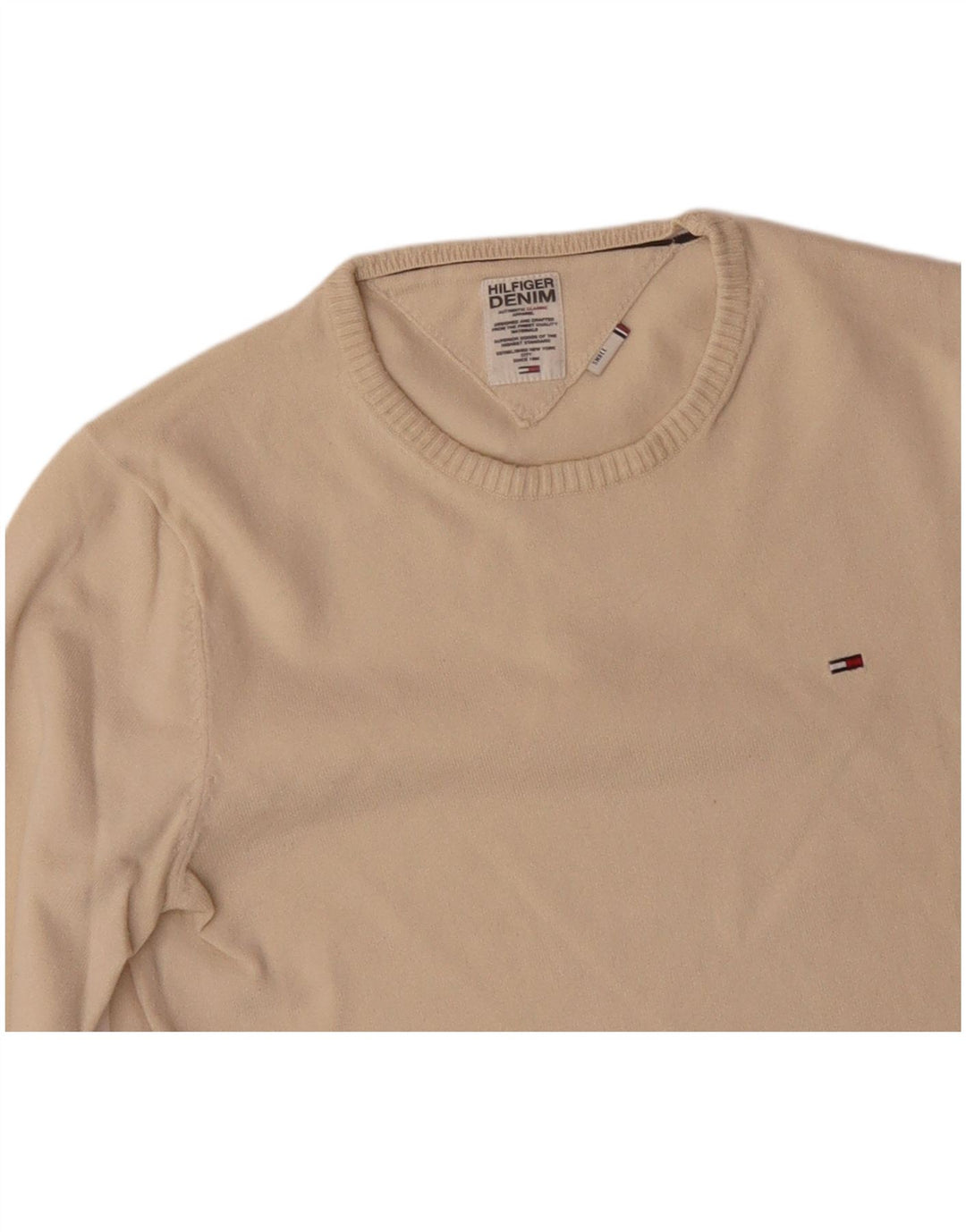 TOMMY HILFIGER Mens Crew Neck Jumper Sweater Small Beige Cotton