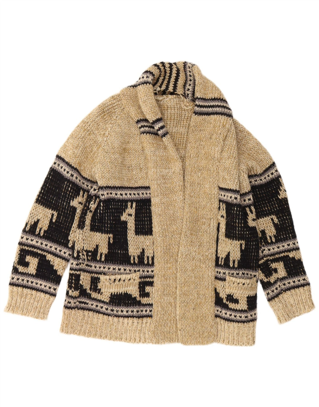 Vintage Mens Graphic Open Cardigan Sweater Medium Beige Colourblock