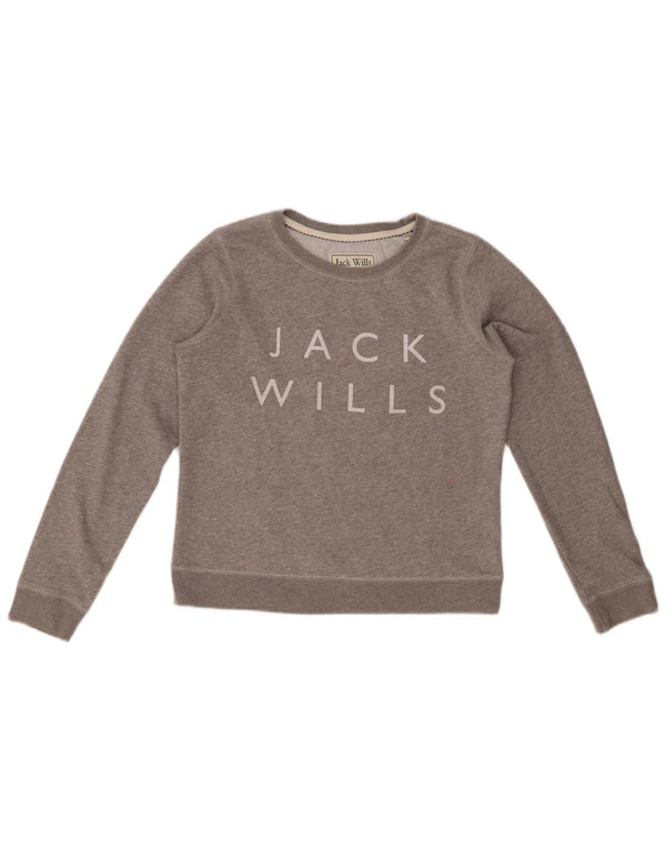 JACK WILLS Womens Graphic Sweatshirt Jumper UK 12 Medium Grey Flecked