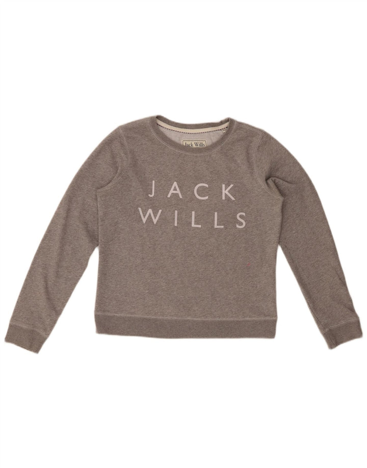 JACK WILLS Womens Graphic Sweatshirt Jumper UK 12 Medium Grey Flecked