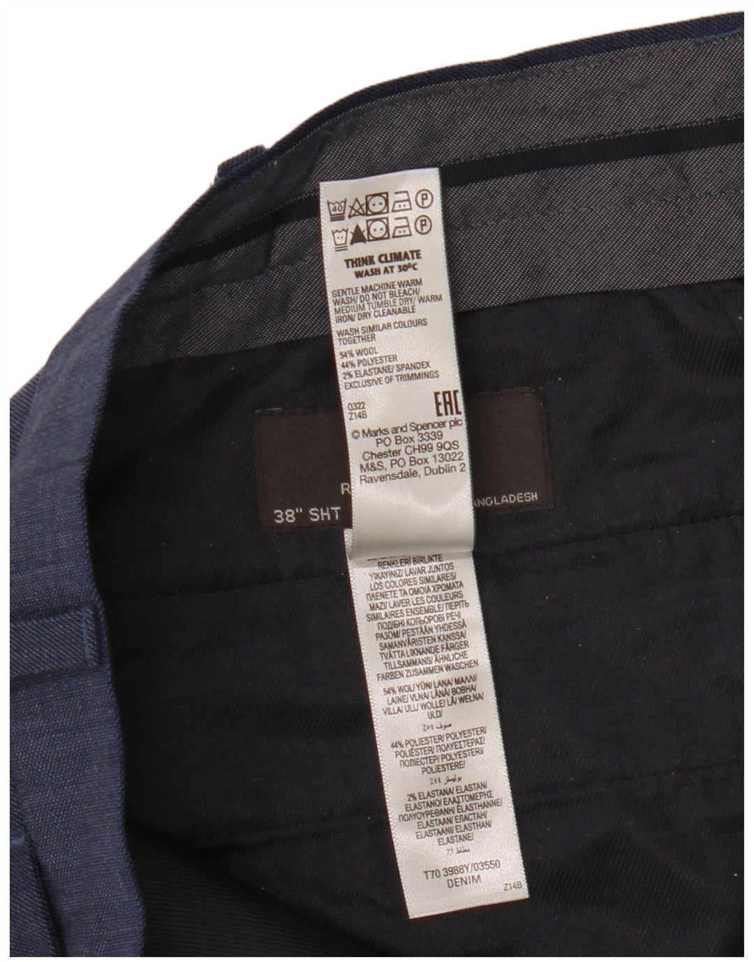 Marks & Spencer Mens Regular Fit Suit Trousers W38 L29 Blue Wool
