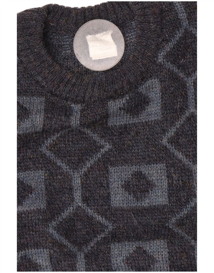 Vintage Mens Crew Neck Jumper Sweater Medium Grey Geometric Acrylic
