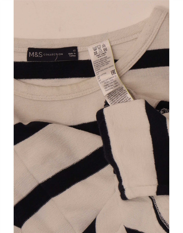 Marks & Spencer Womens Top Long Sleeve UK 12 Medium White Striped Cotton