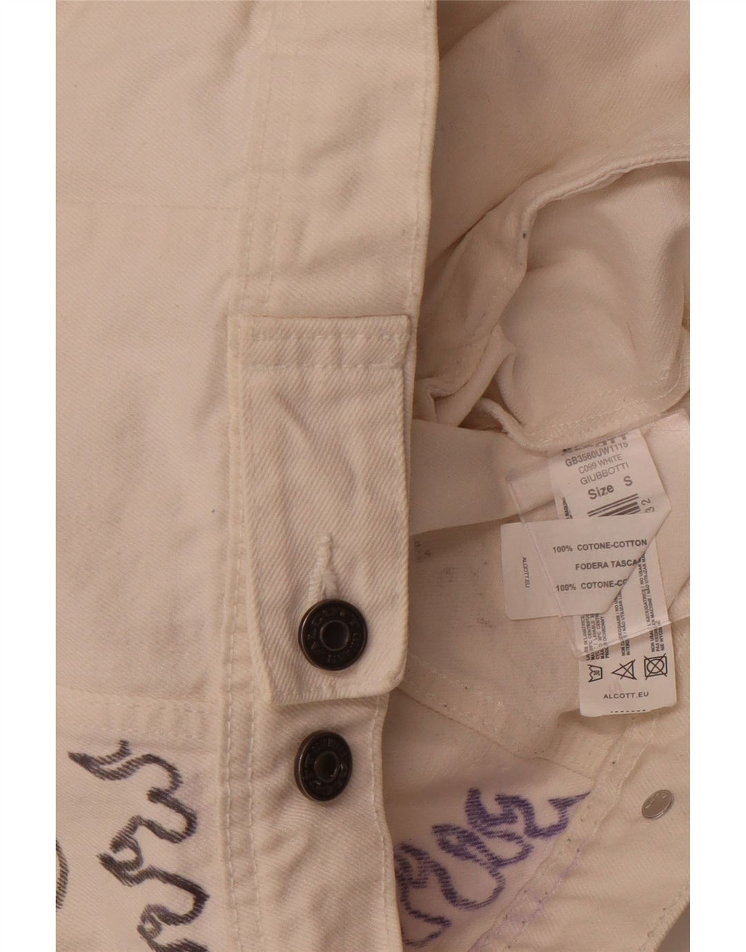 ALCOTT Womens Graphic Denim Jacket UK 1O Small White Cotton