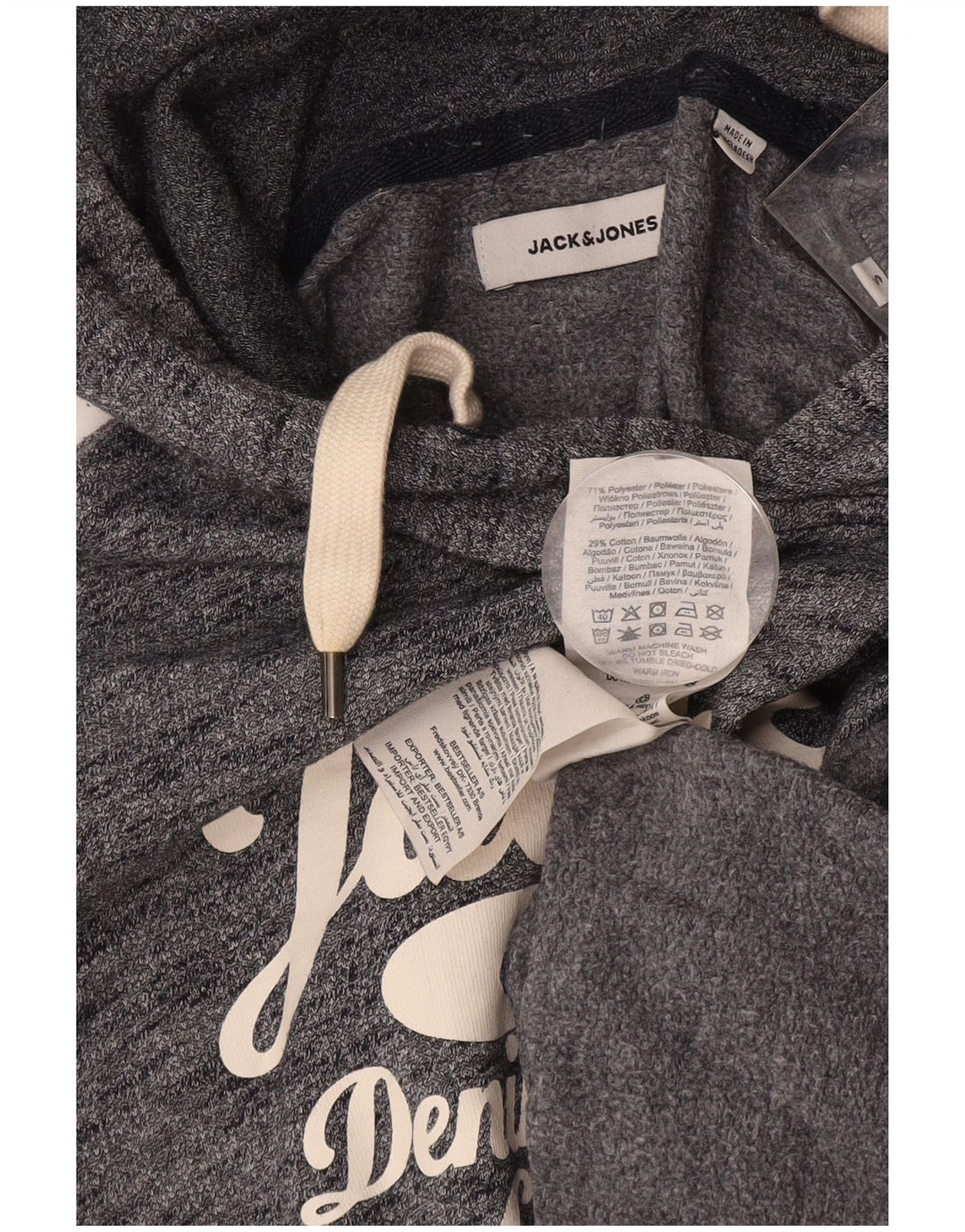 JACK & JONES Mens Graphic Hoodie Jumper Small Navy Blue Flecked Cotton