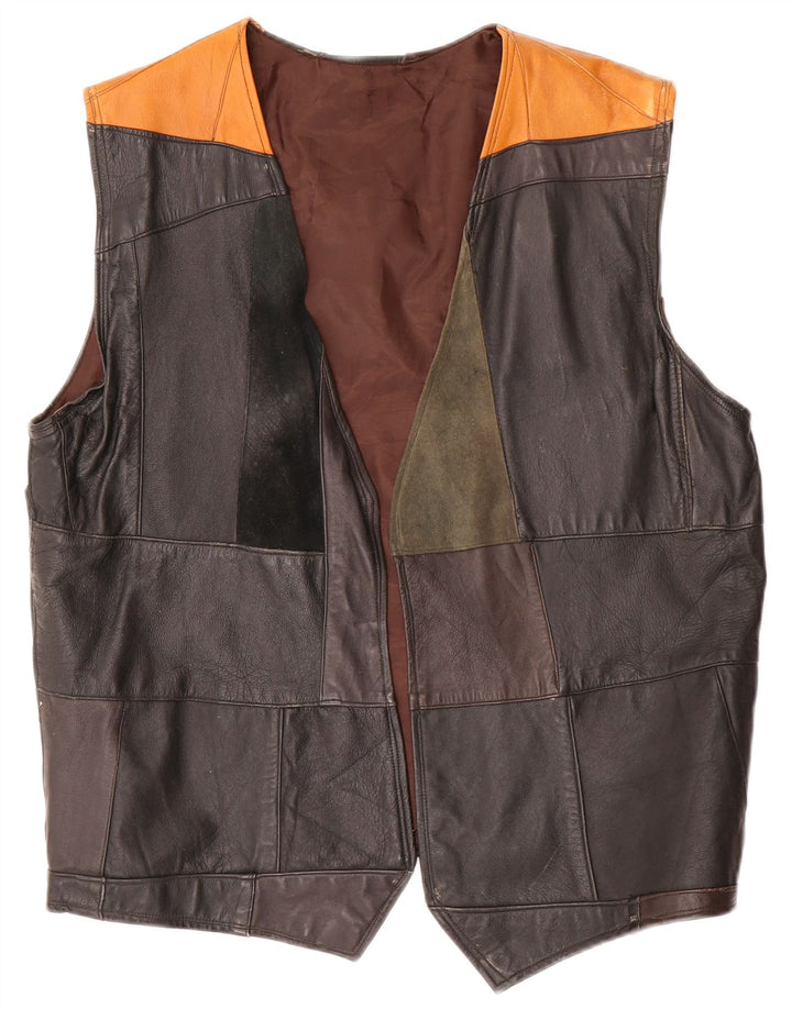 Vintage Mens Leather Waistcoat Small Black Colourblock