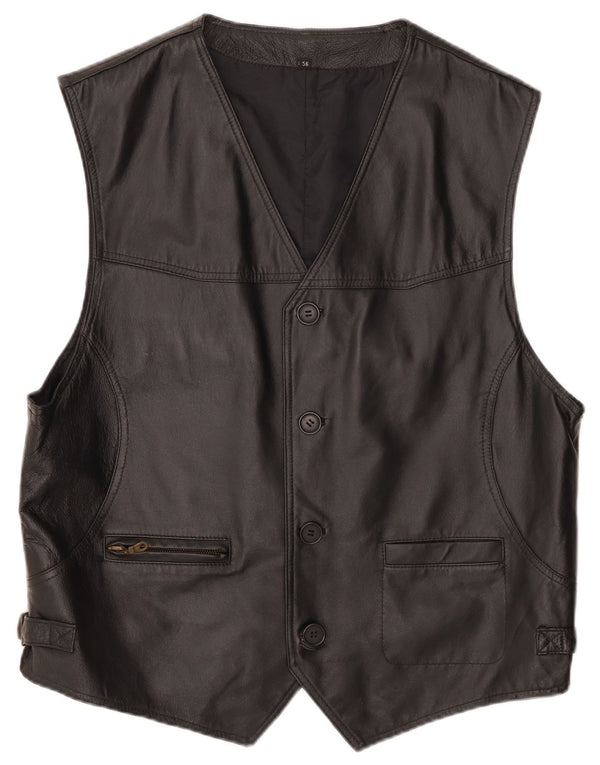 VINTAGE Mens Leather Waistcoat Medium Black Leather