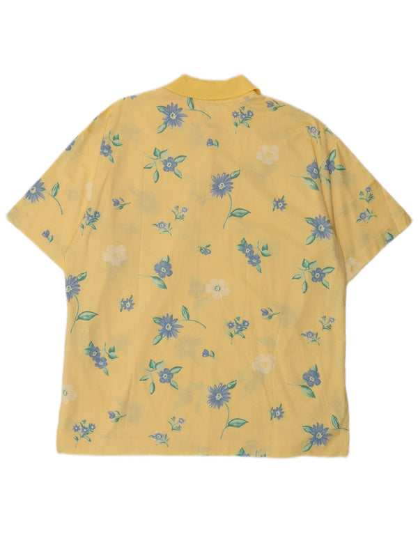 Vintage Womens Polo Shirt UK 16 Large Yellow Floral Cotton