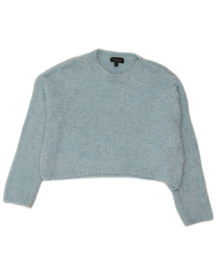 Topshop Womens Crop Crew Neck Jumper Sweater UK 12 Medium Blue Polyester