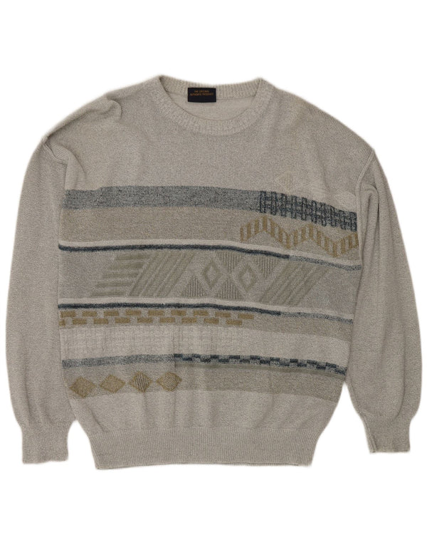Greenfield Mens Boat Neck Jumper Sweater Large Grey Geometric