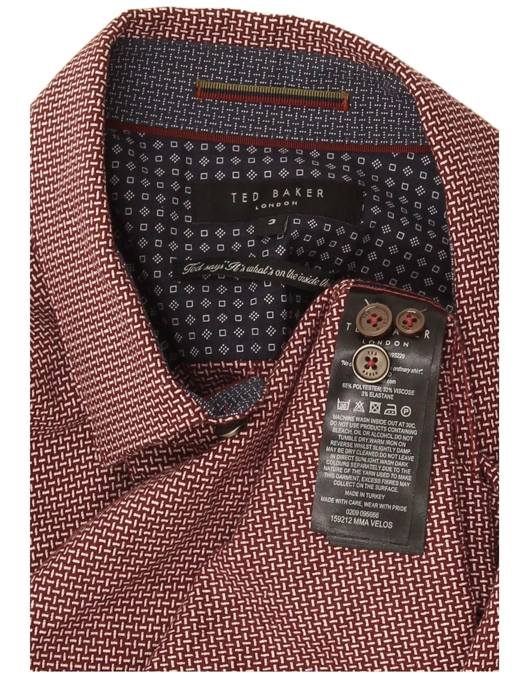 Ted Baker Mens Regular Fit Shirt Size 3 Medium Burgundy Geometric Polyester