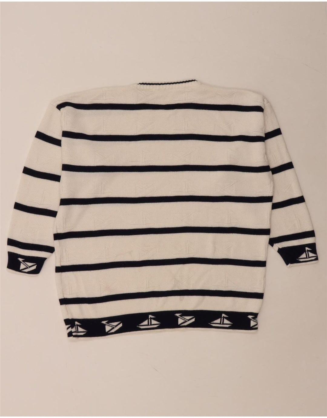 VINTAGE Mens Crew Neck Jumper Sweater Large White Striped