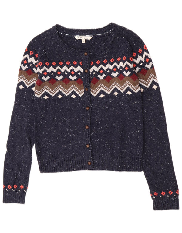 Fat Face Womens Cardigan Sweater UK 8 Small Navy Blue Fair Isle Cotton