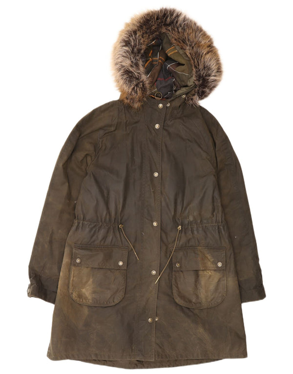 Barbour Womens Hooded Waxed Cotton Parka Jacket UK 12 Medium  Khaki Cotton