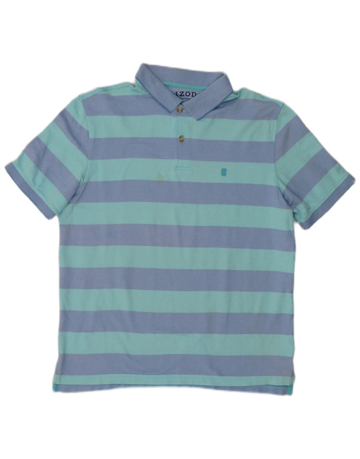 Izod Mens Polo Shirt Large Blue Striped Cotton
