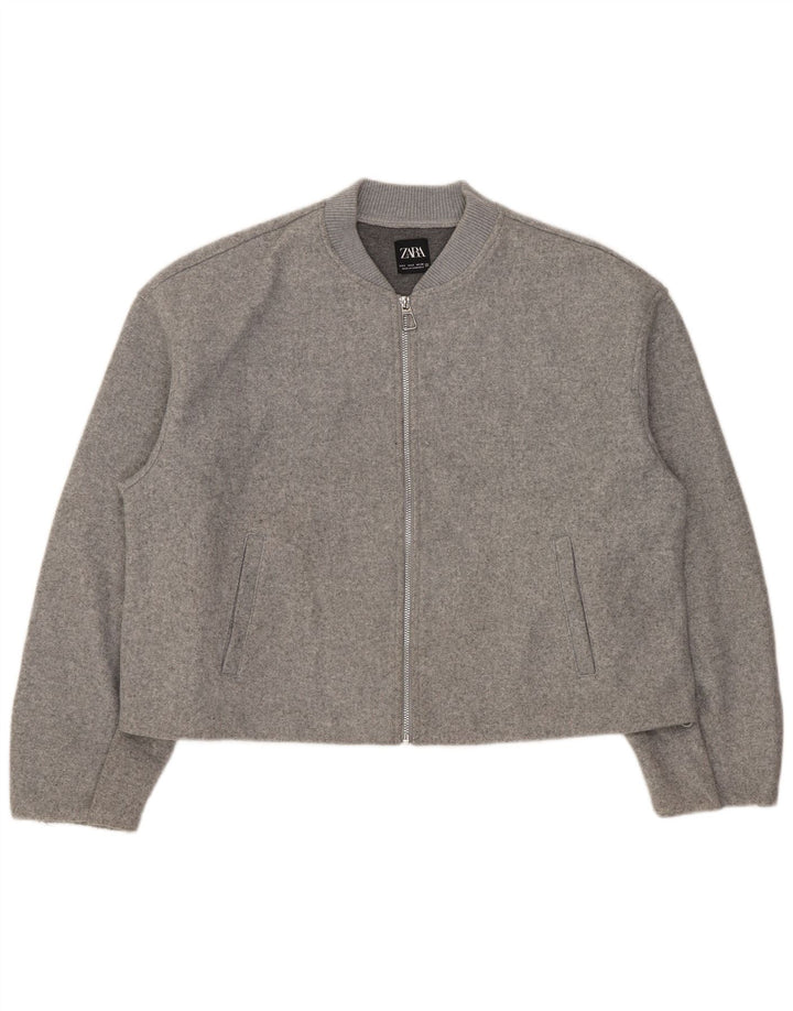 Zara Womens Crop Oversized Bomber Jacket UK 10 Small Grey Polyester