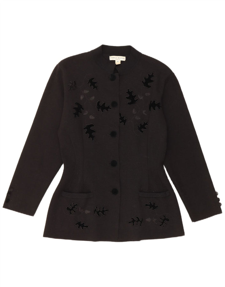 Vintage Womens 5 Button Blazer Jacket UK 10 Small Black Floral Virgin Wool