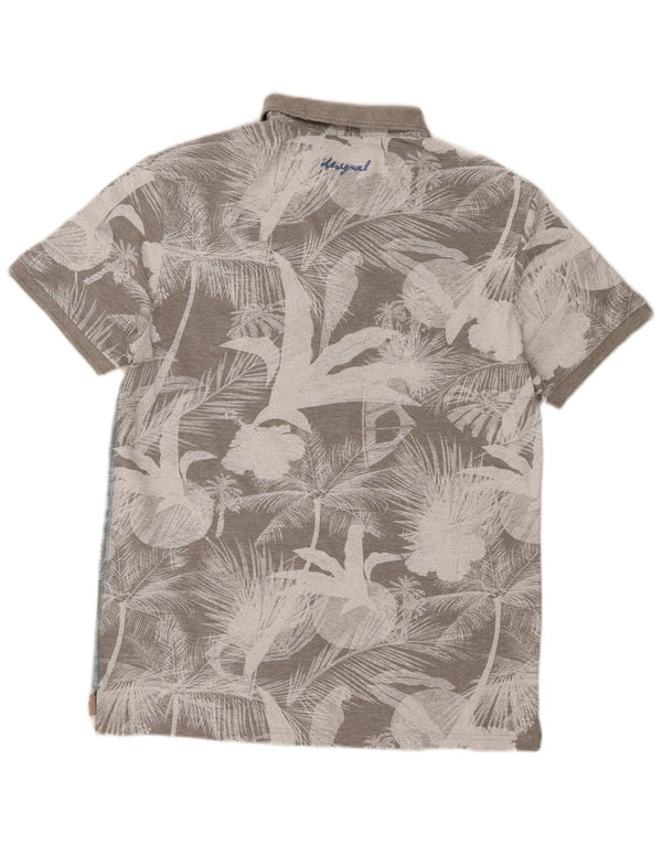 Desigual Mens Polo Shirt Large Grey Floral Cotton Hawaiian