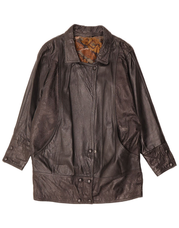 Vintage Womens Leather Coat UK 14 Large Black Geometric Leather