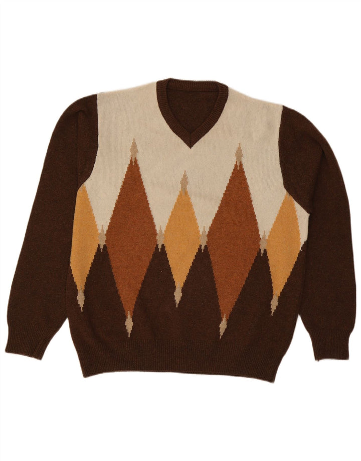 Vintage Mens V-Neck Jumper Sweater Large Brown Argyle/Diamond