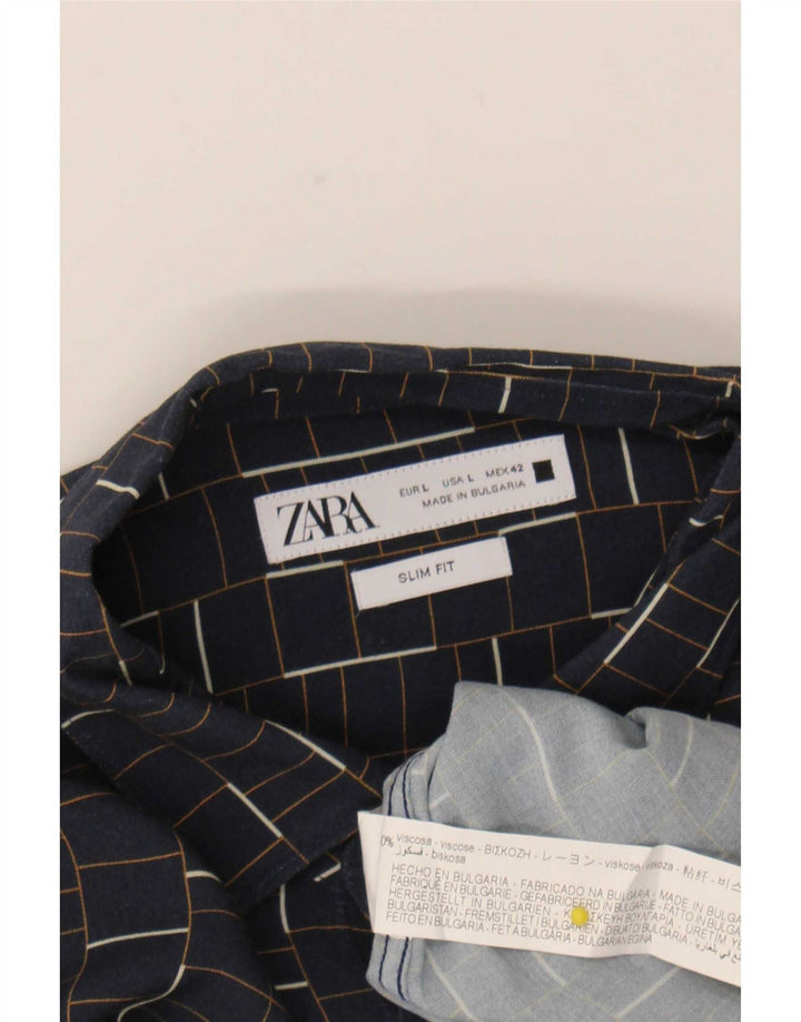 Zara Mens Slim Fit Shirt Large Navy Blue Check Viscose