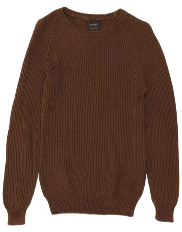 ZARA Mens Boat Neck Jumper Sweater Medium Brown Cotton