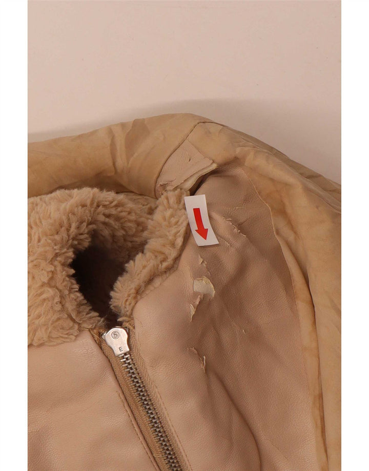 Zara Womens Teddy Bear Hooded Bomber Jacket UK 14 Medium Beige Polyester