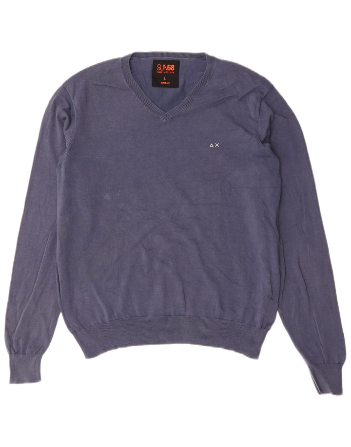 Sun68 Mens V-Neck Jumper Sweater Large Blue Cotton