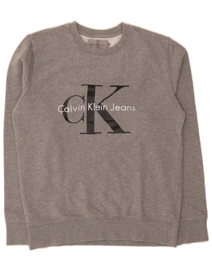 CALVIN KLEIN JEANS Mens Graphic Sweatshirt Jumper Medium Grey Cotton Vintage Calvin Klein Jeans and Second-Hand Calvin Klein Jeans from Messina Hembry 