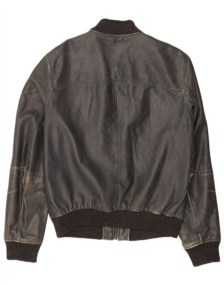 Trussardi Jeans Womens Bomber Leather Jacket IT 50 XL Navy Blue