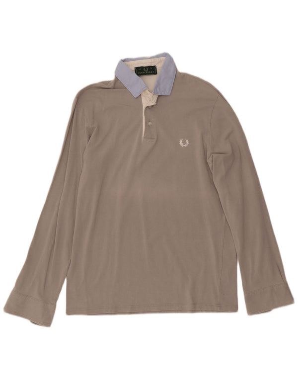 FRED PERRY Mens Long Sleeve Polo Shirt Large Grey Colourblock Cotton
