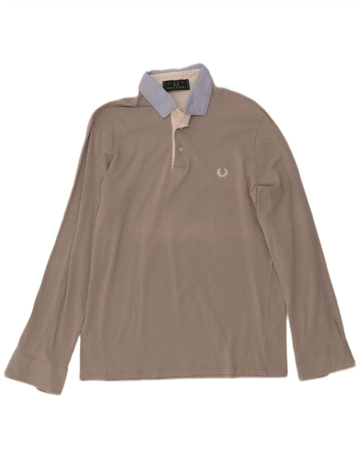 FRED PERRY Mens Long Sleeve Polo Shirt Large Grey Colourblock Cotton