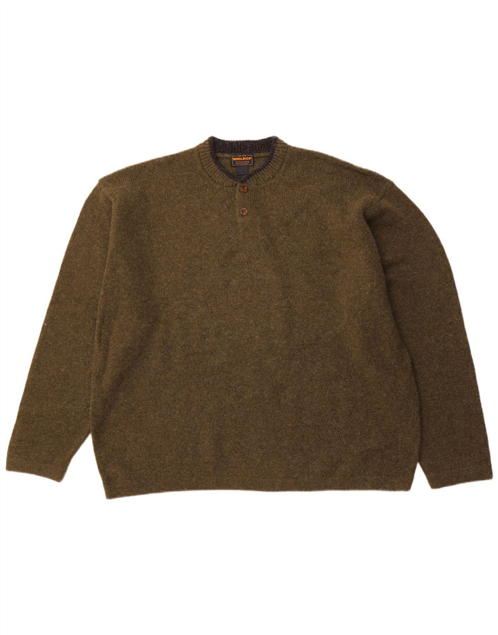 WOOLRICH Mens Button Neck Jumper Sweater 2XL Khaki Wool