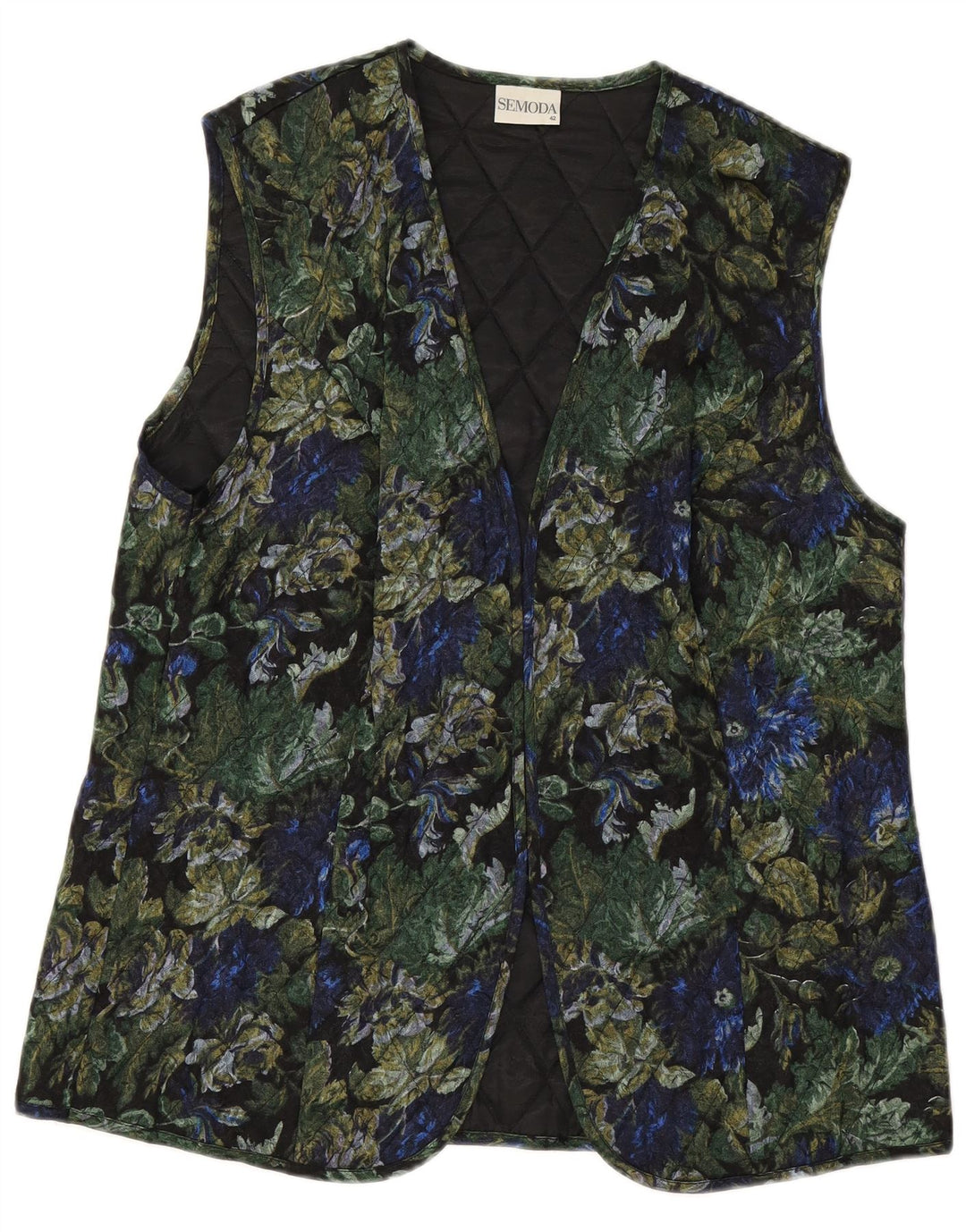 VINTAGE Womens Open Quilted Gilet EU 42 Large Black Floral Viscose