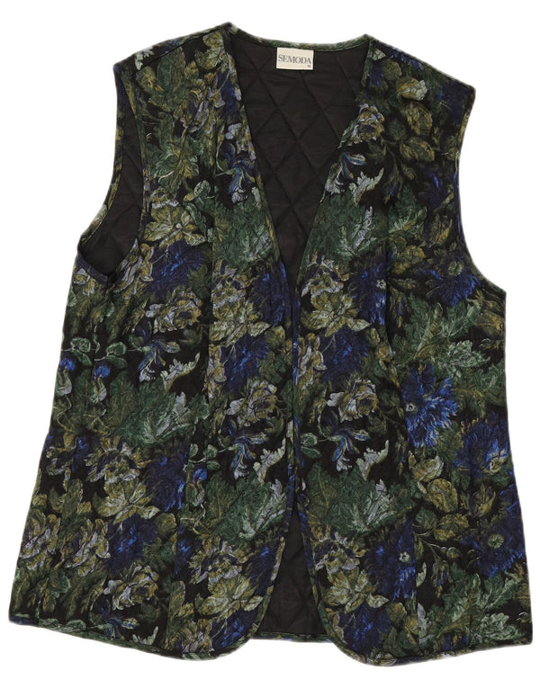 VINTAGE Womens Open Quilted Gilet EU 42 Large Black Floral Viscose
