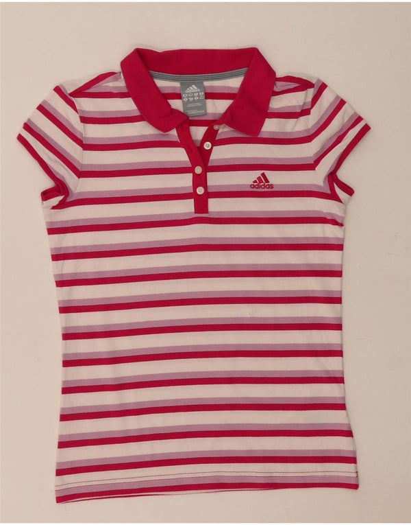 Adidas Womens Polo Shirt UK 12 Medium Pink Striped Cotton