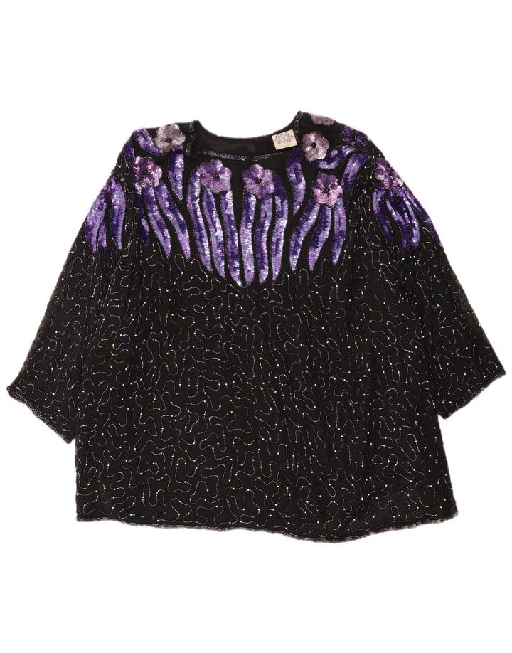 Vintage Womens Evening Sequin 3/4 Sleeve Blouse Top EU 52 2XL Black Floral