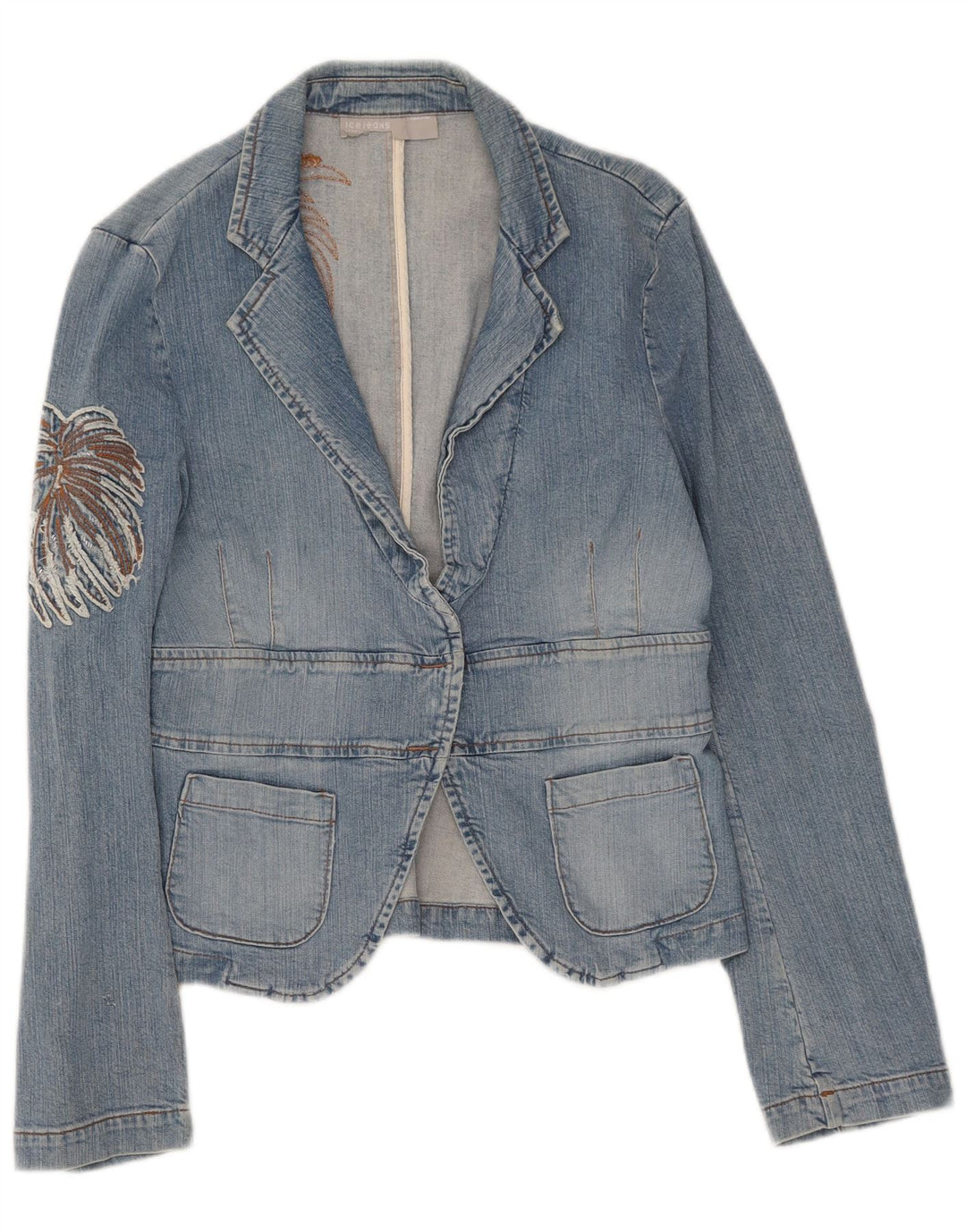 ICEBERG Womens Denim Blazer Jacket IT 46 Large Blue Floral Cotton