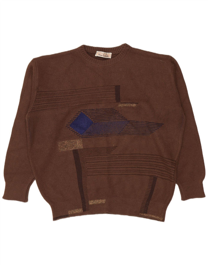 Vintage Mens Crew Neck Jumper Sweater Large Brown Geometric
