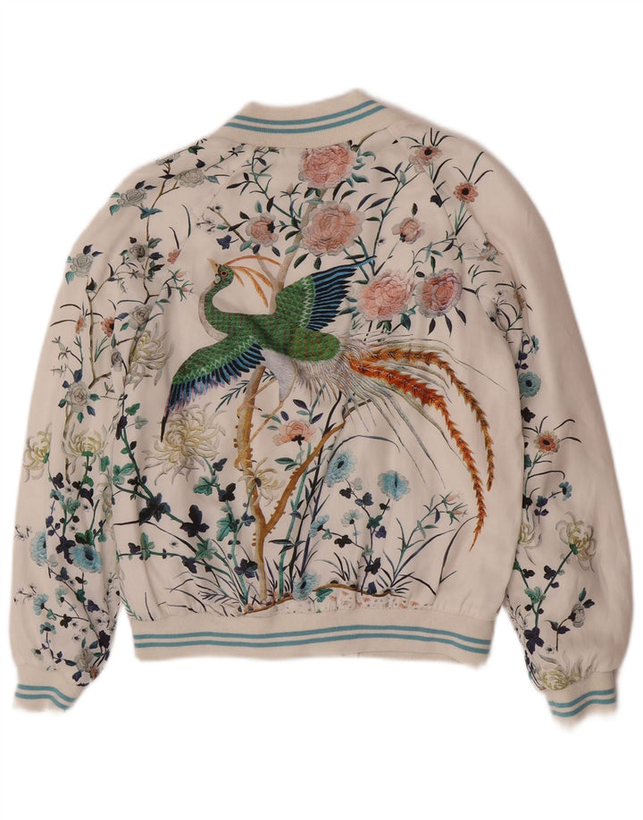 Zara Womens Graphic Bomber Jacket UK 6 XS White Floral Polyester