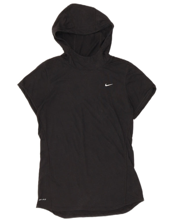 Nike Womens Dri Fit Hooded T-Shirt Top UK 10 Small Black Polyester