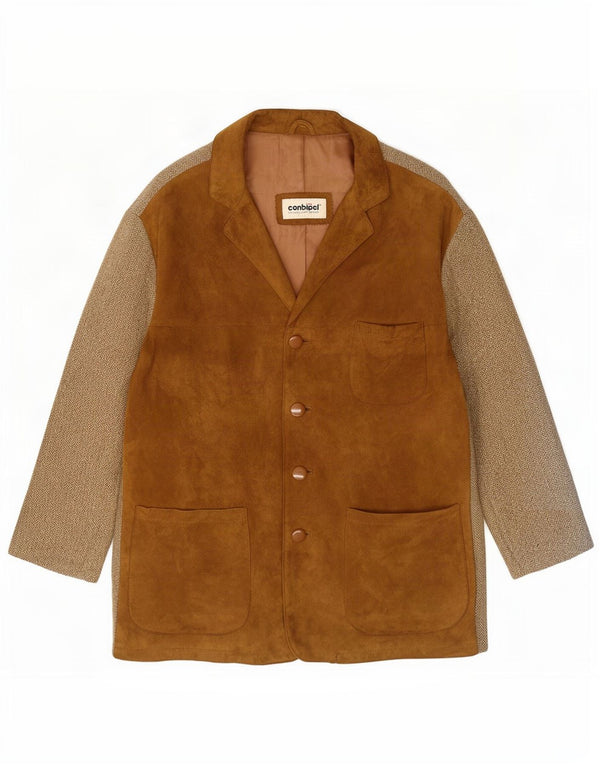 Conbipel Womens Suede Jacket IT 42 Medium Beige Herringbone Leather