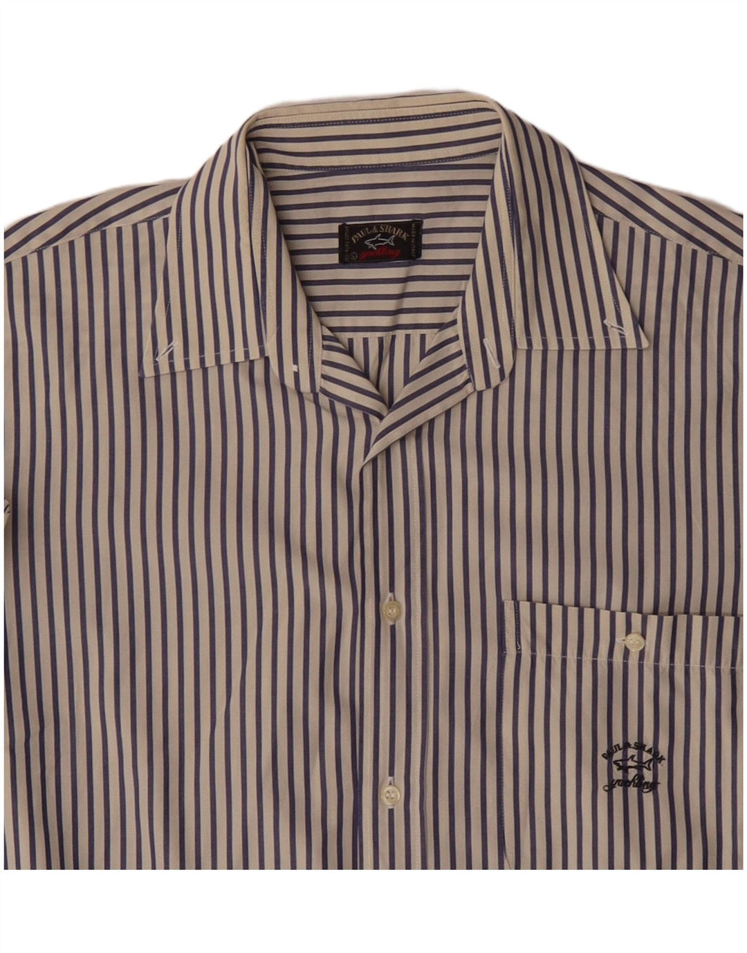 Paul & Shark Mens Short Sleeve Shirt Large Navy Blue Pinstripe Cotton