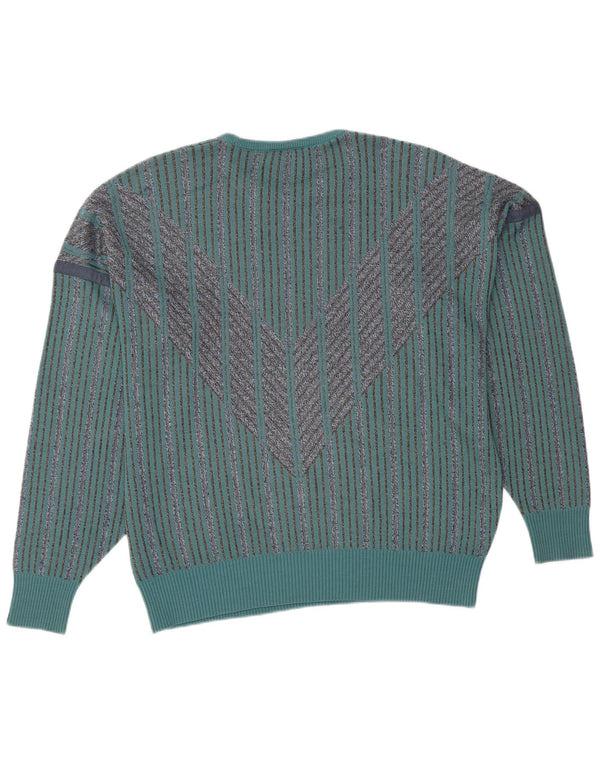 PIERRE SANGAN Mens Crew Neck Jumper Sweater Large Blue Striped Acrylic