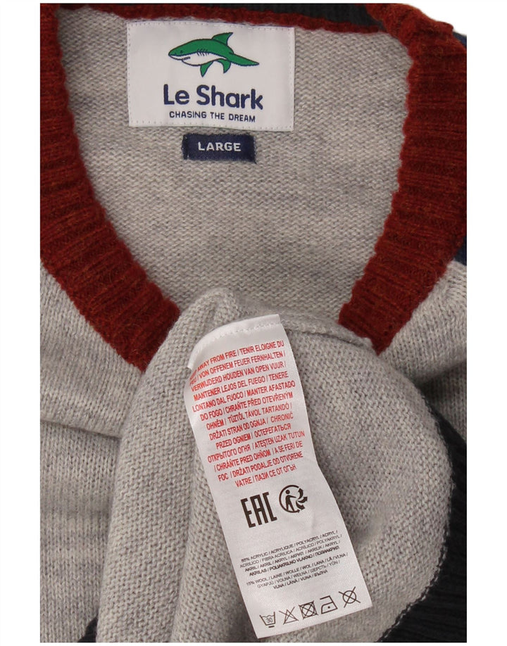 LE SHARK Mens Boat Neck Jumper Sweater Large Grey Colourblock Acrylic