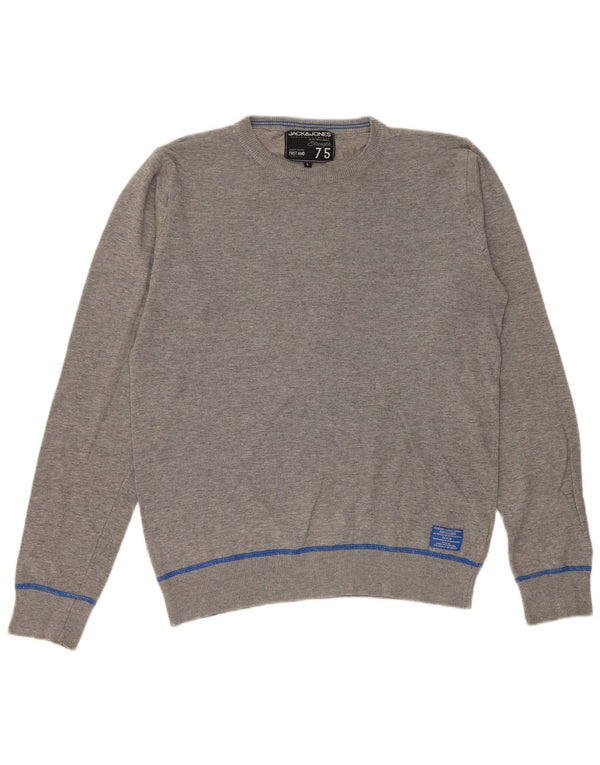 JACK & JONES Mens Crew Neck Jumper Sweater Large Grey Striped Cotton