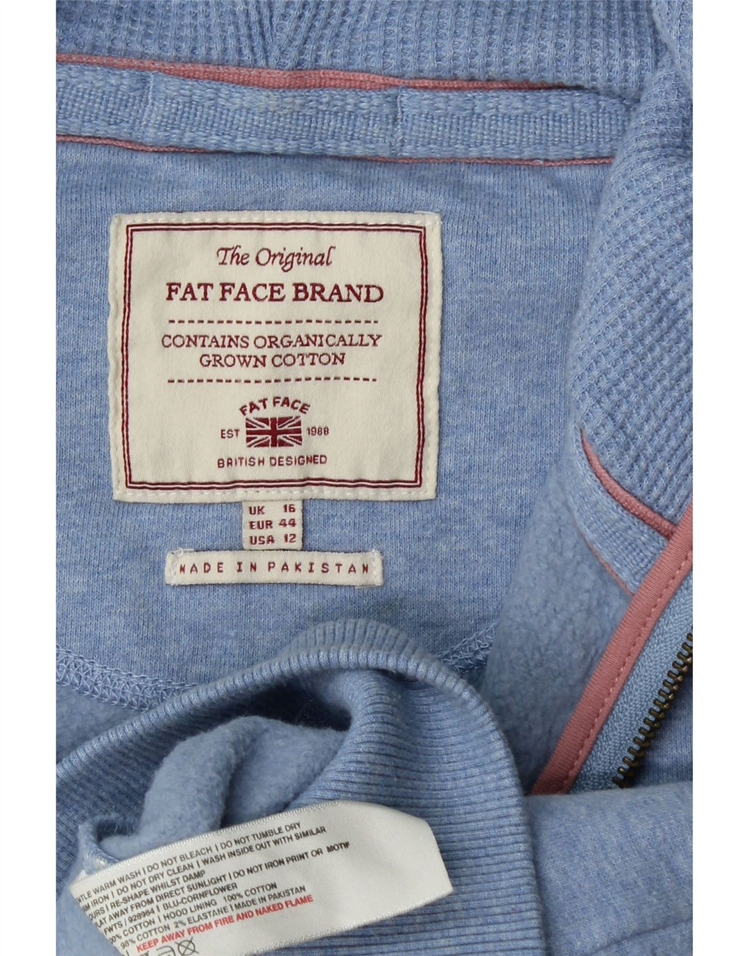 FAT FACE Womens Zip Hoodie Sweater UK 16 Large Blue Cotton