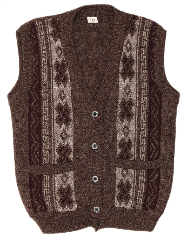 VINTAGE Mens Sleeveless Cardigan Sweater Medium Brown Fair Isle