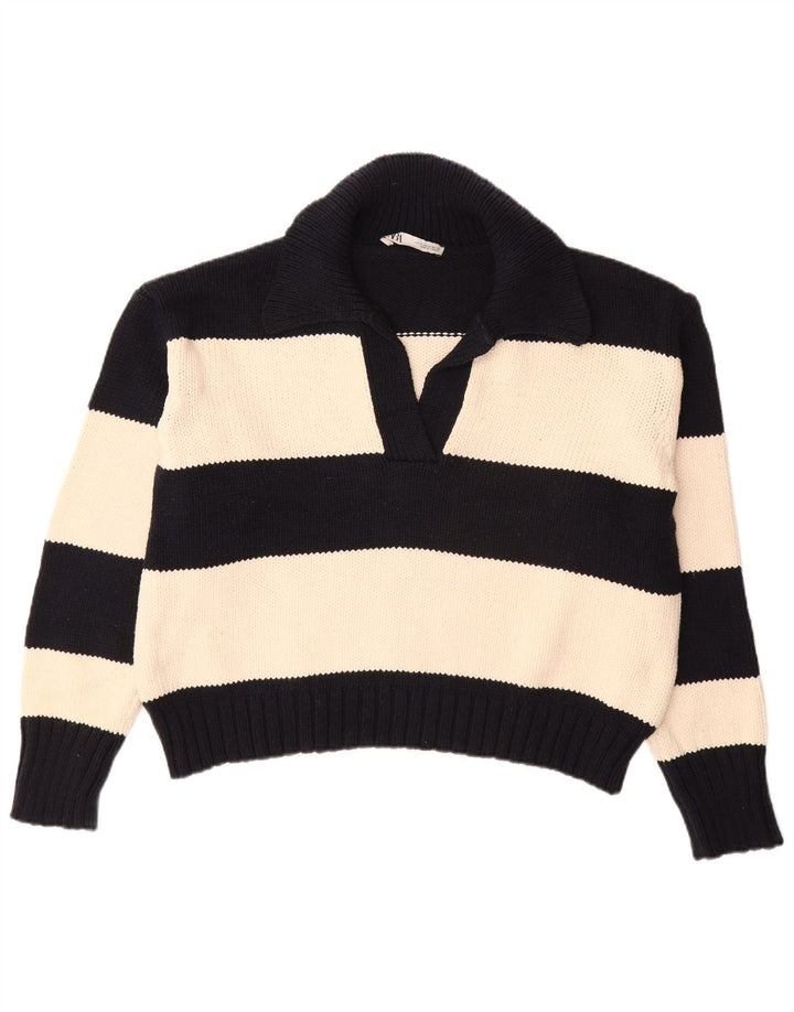 ZARA Womens Oversized Polo Neck Jumper Sweater UK 14 Medium Black Striped