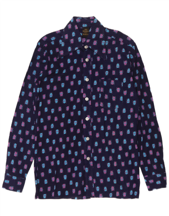 Vintage Mens Abstract Pattern Shirt Size 37 Small Navy Blue Cotton